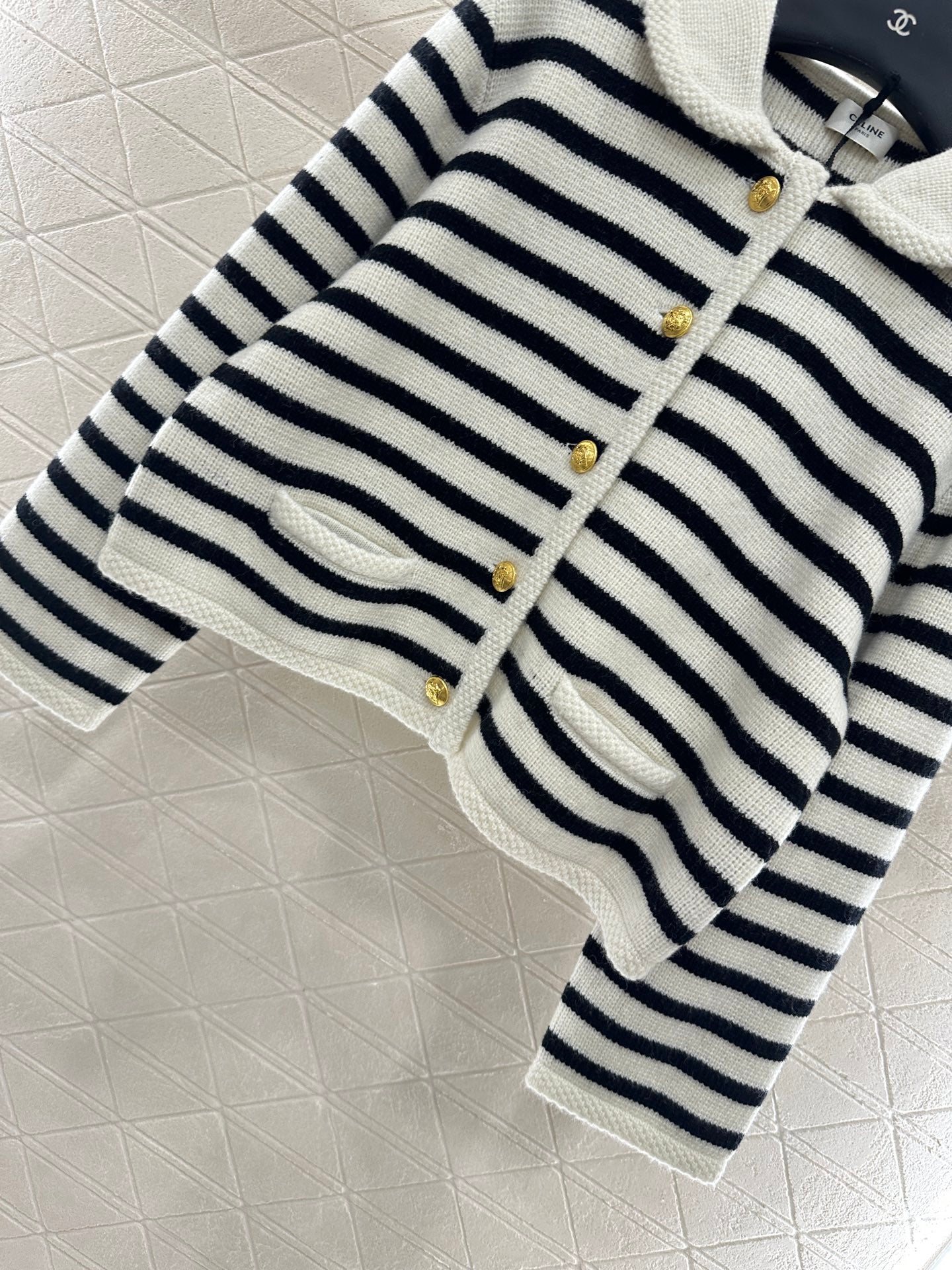Ce 25 Collar Knitted Wool Blended Striped Cardigan