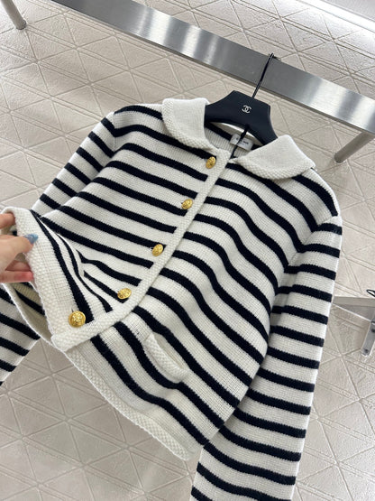 Ce 25 Collar Knitted Wool Blended Striped Cardigan