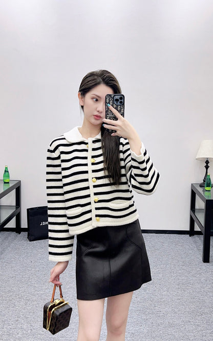 Ce 25 Collar Knitted Wool Blended Striped Cardigan