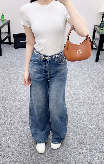 C 25 High-waisted bleached pleated denim trousers