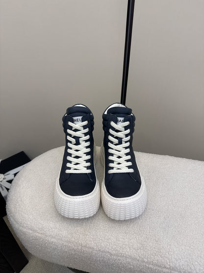 C 25 Thick soled mid top casual shoes（WHITE/NAVY/BLACK）