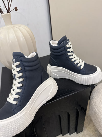 C 25 Thick soled mid top casual shoes（WHITE/NAVY/BLACK）