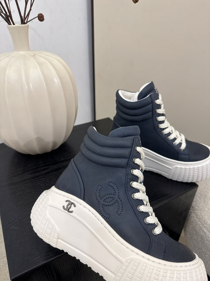 C 25 Thick soled mid top casual shoes（WHITE/NAVY/BLACK）