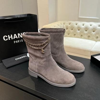 C 25B new buckle chain boots suede short boots(KHAKI/PURPLE/BROWN/BLACK)