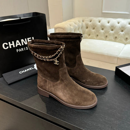 C 25B new buckle chain boots suede short boots(KHAKI/PURPLE/BROWN/BLACK)