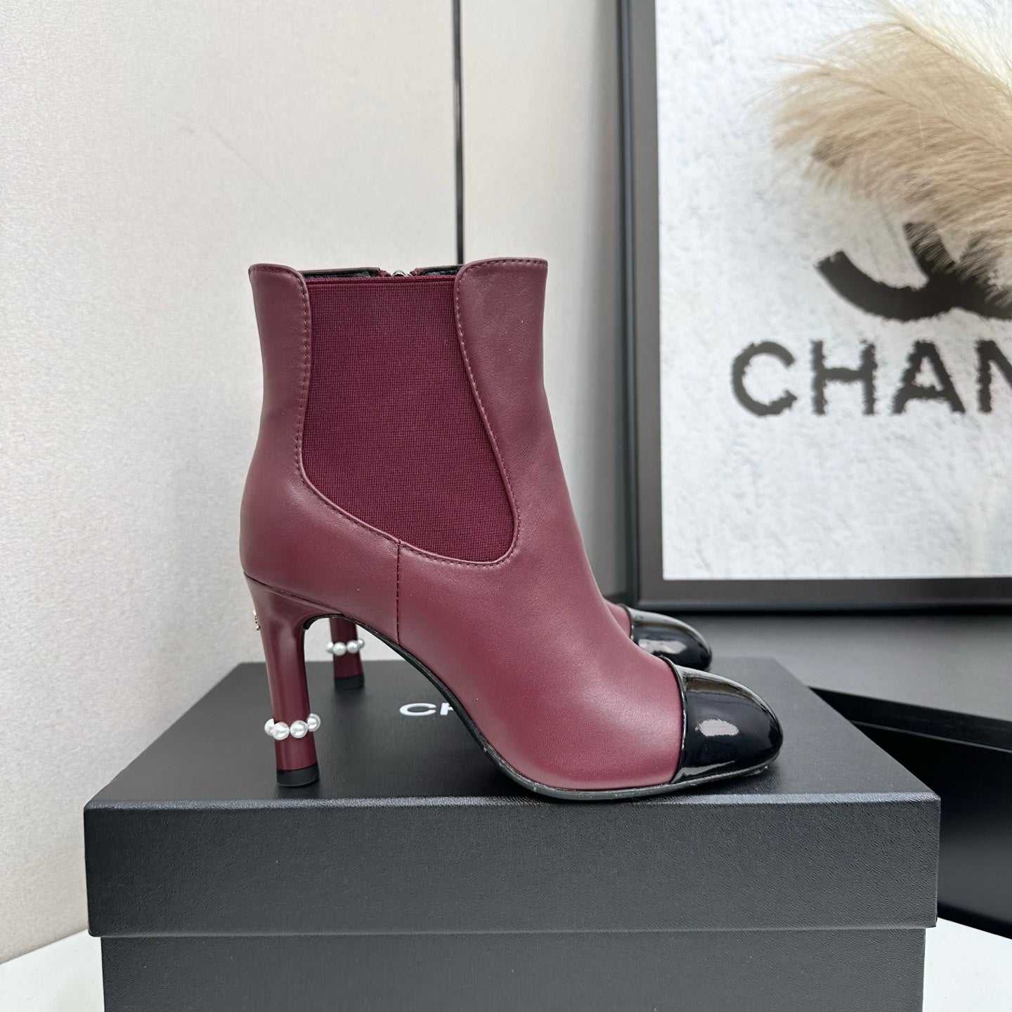 C 25 Pearl decoration, high heels and short boots（RED/BLACK/WINE RED）