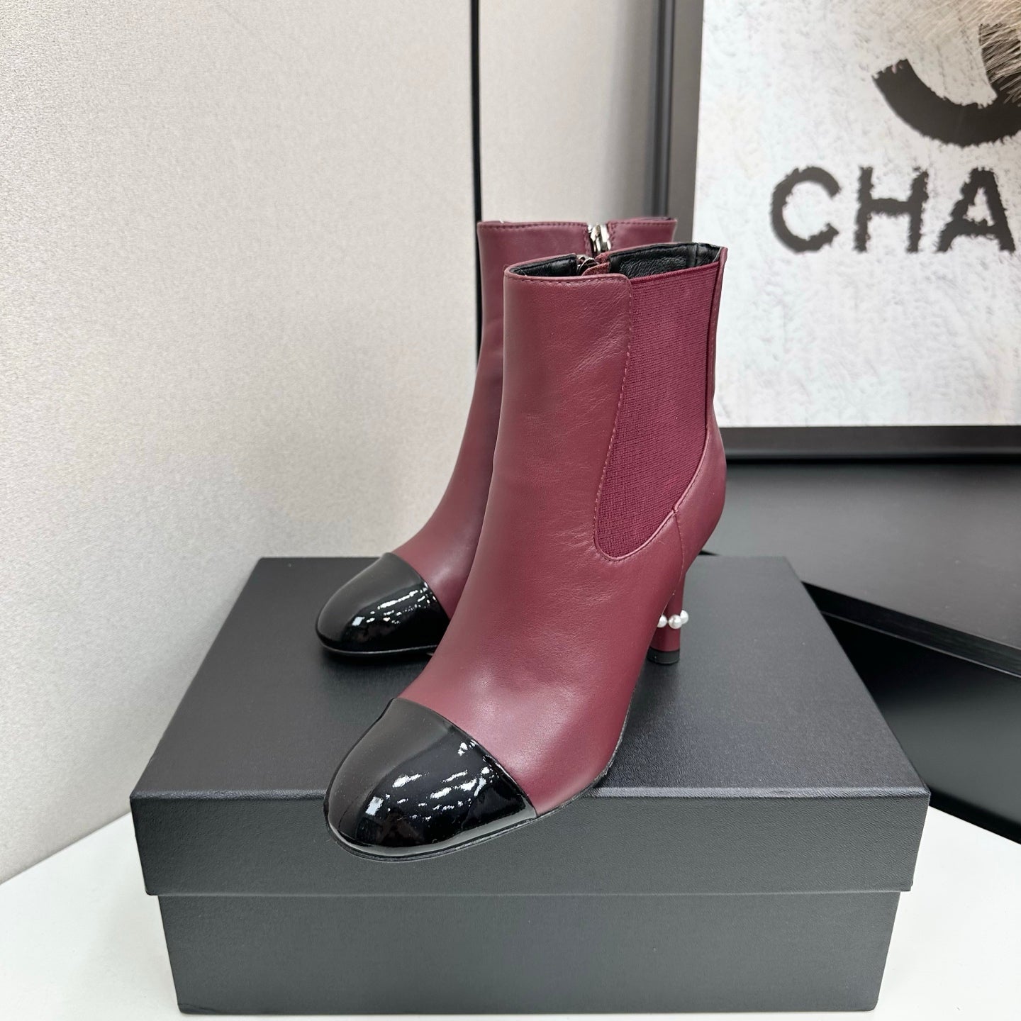 C 25 Pearl decoration, high heels and short boots（RED/BLACK/WINE RED）