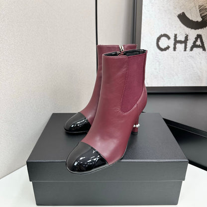C 25 Pearl decoration, high heels and short boots（RED/BLACK/WINE RED）