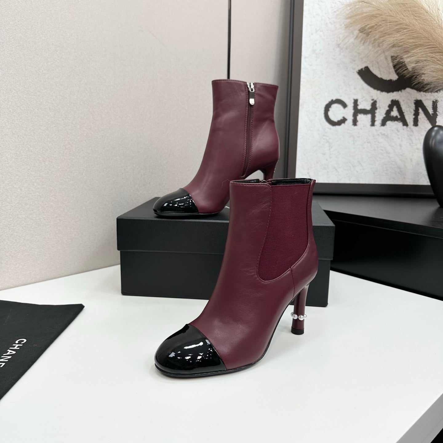 C 25 Pearl decoration, high heels and short boots（RED/BLACK/WINE RED）