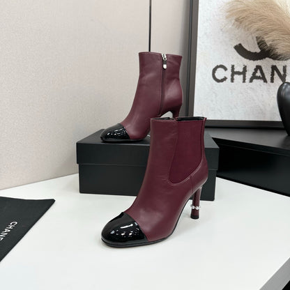 C 25 Pearl decoration, high heels and short boots（RED/BLACK/WINE RED）
