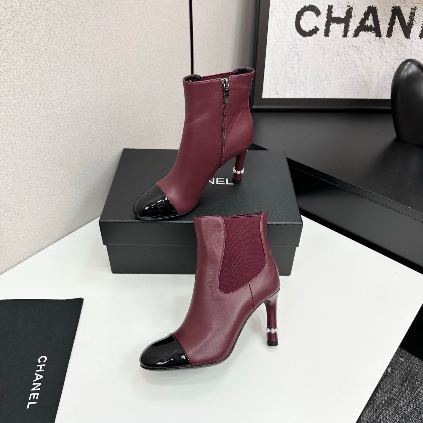 C 25 Pearl decoration, high heels and short boots（RED/BLACK/WINE RED）