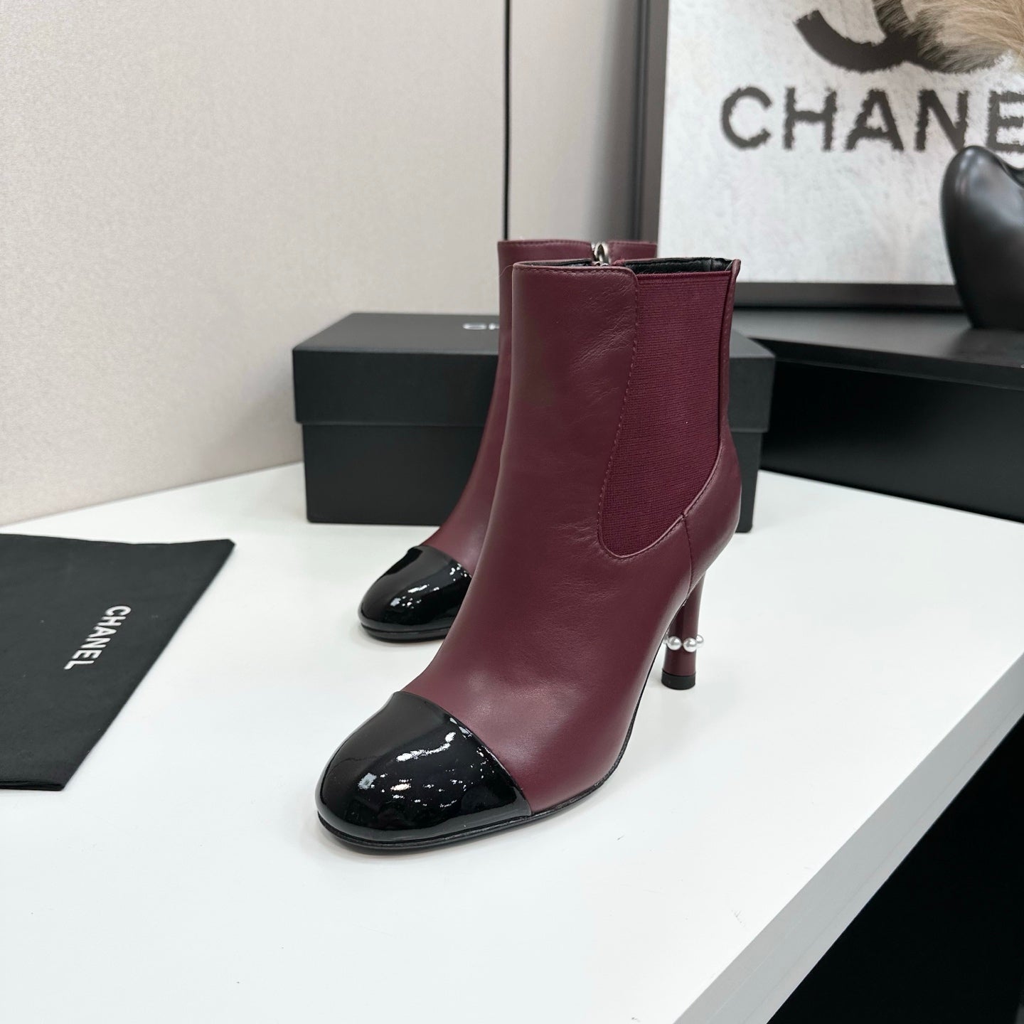 C 25 Pearl decoration, high heels and short boots（RED/BLACK/WINE RED）