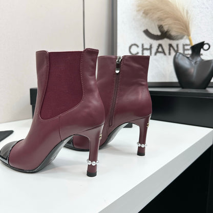 C 25 Pearl decoration, high heels and short boots（RED/BLACK/WINE RED）