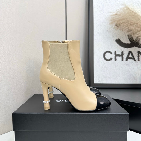 C 25 Pearl decoration, high heels and short boots（RED/BLACK/WINE RED）