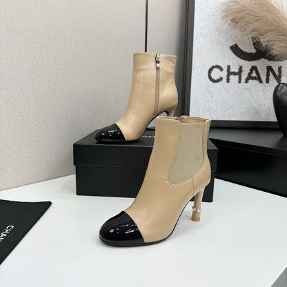C 25 Pearl decoration, high heels and short boots（RED/BLACK/WINE RED）