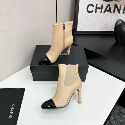 C 25 Pearl decoration, high heels and short boots（RED/BLACK/WINE RED）