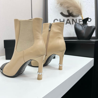 C 25 Pearl decoration, high heels and short boots（RED/BLACK/WINE RED）
