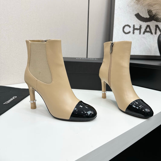 C 25 Pearl decoration, high heels and short boots（RED/BLACK/WINE RED）