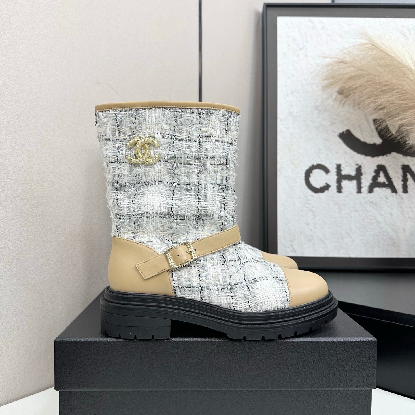 C 25 Cowhide and cloth lined mid calf boots（WHITE/BLACK/YELLOW）