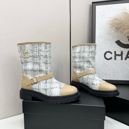 C 25 Cowhide and cloth lined mid calf boots（WHITE/BLACK/YELLOW）