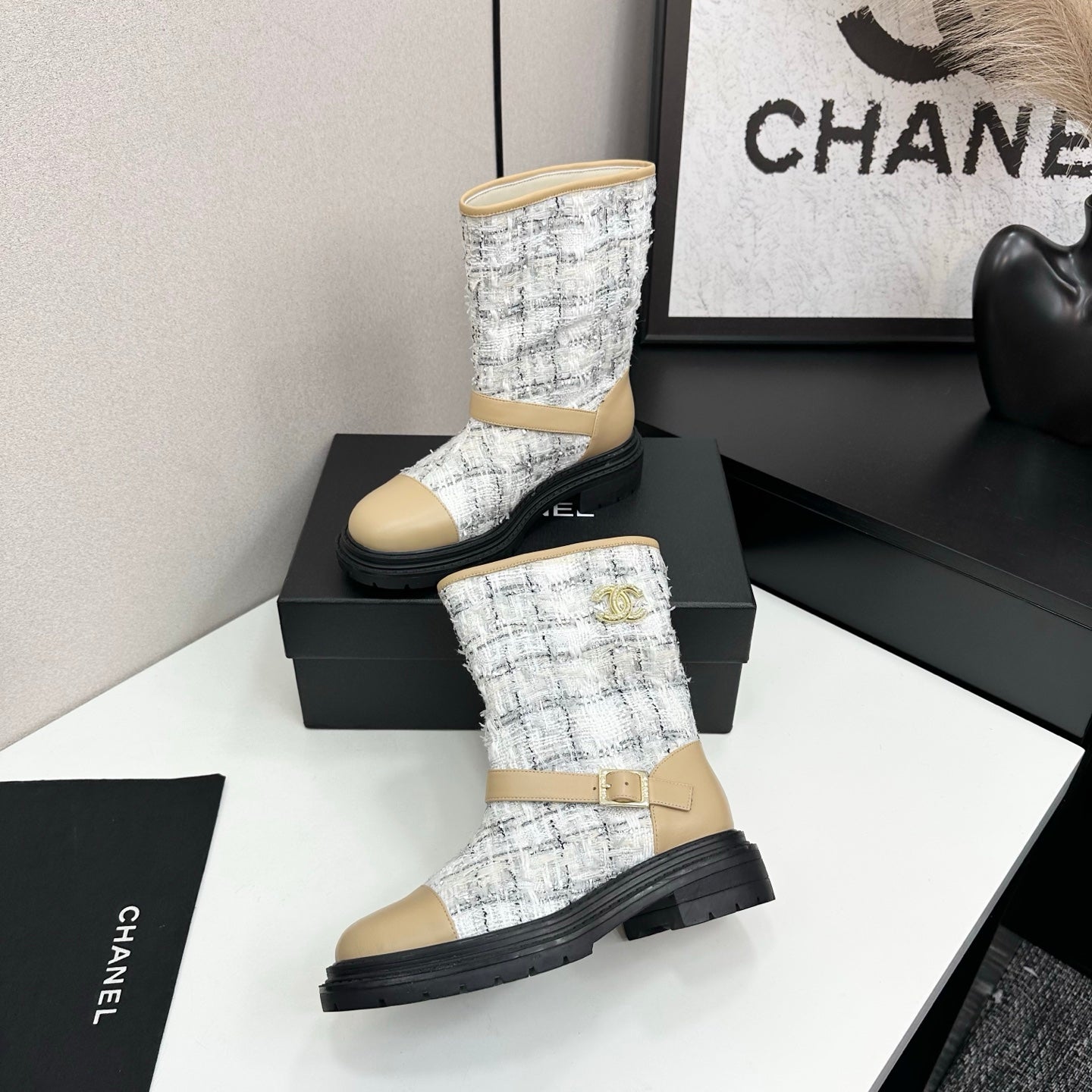 C 25 Cowhide and cloth lined mid calf boots（WHITE/BLACK/YELLOW）