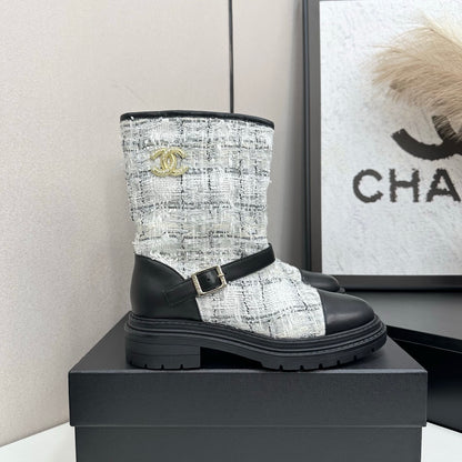 C 25 Cowhide and cloth lined mid calf boots（WHITE/BLACK/YELLOW）