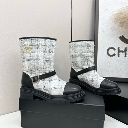 C 25 Cowhide and cloth lined mid calf boots（WHITE/BLACK/YELLOW）
