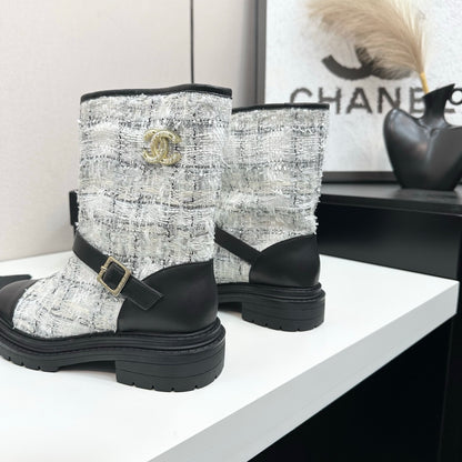 C 25 Cowhide and cloth lined mid calf boots（WHITE/BLACK/YELLOW）