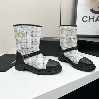 C 25 Cowhide and cloth lined mid calf boots（WHITE/BLACK/YELLOW）