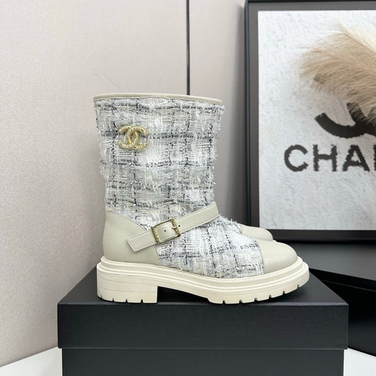 C 25 Cowhide and cloth lined mid calf boots（WHITE/BLACK/YELLOW）