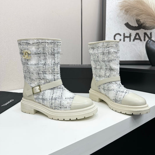 C 25 Cowhide and cloth lined mid calf boots（WHITE/BLACK/YELLOW）