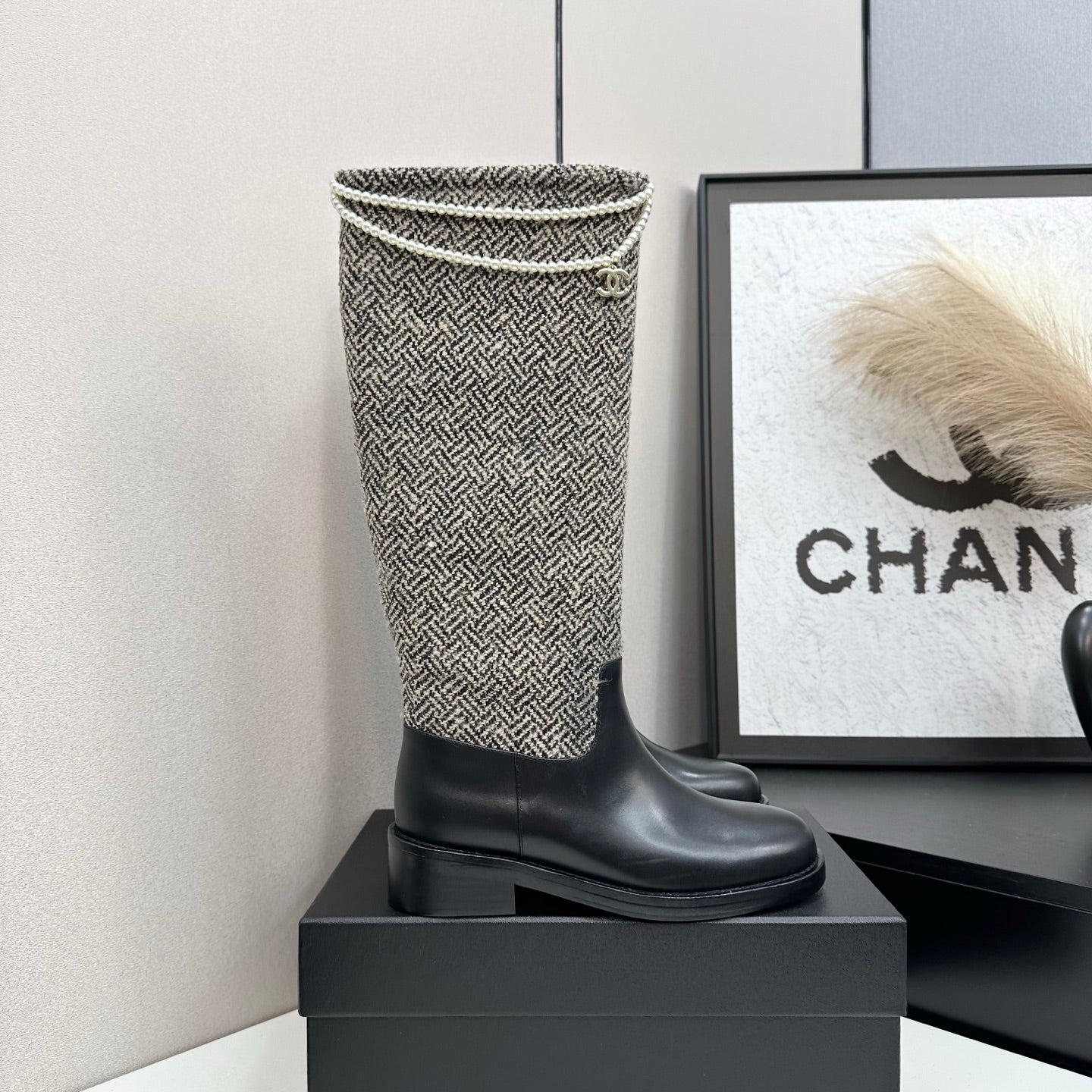 C 25 Pearl necklace decoration thick soled boots（GRAY/BLACK）
