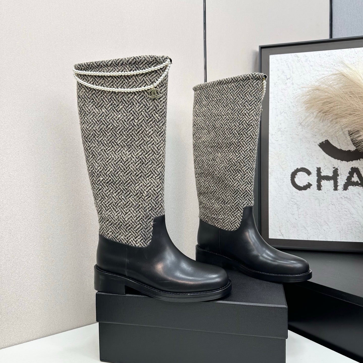 C 25 Pearl necklace decoration thick soled boots（GRAY/BLACK）