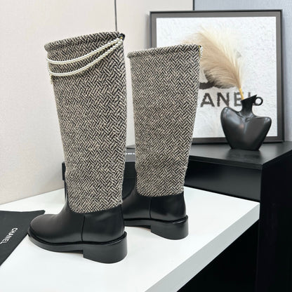 C 25 Pearl necklace decoration thick soled boots（GRAY/BLACK）