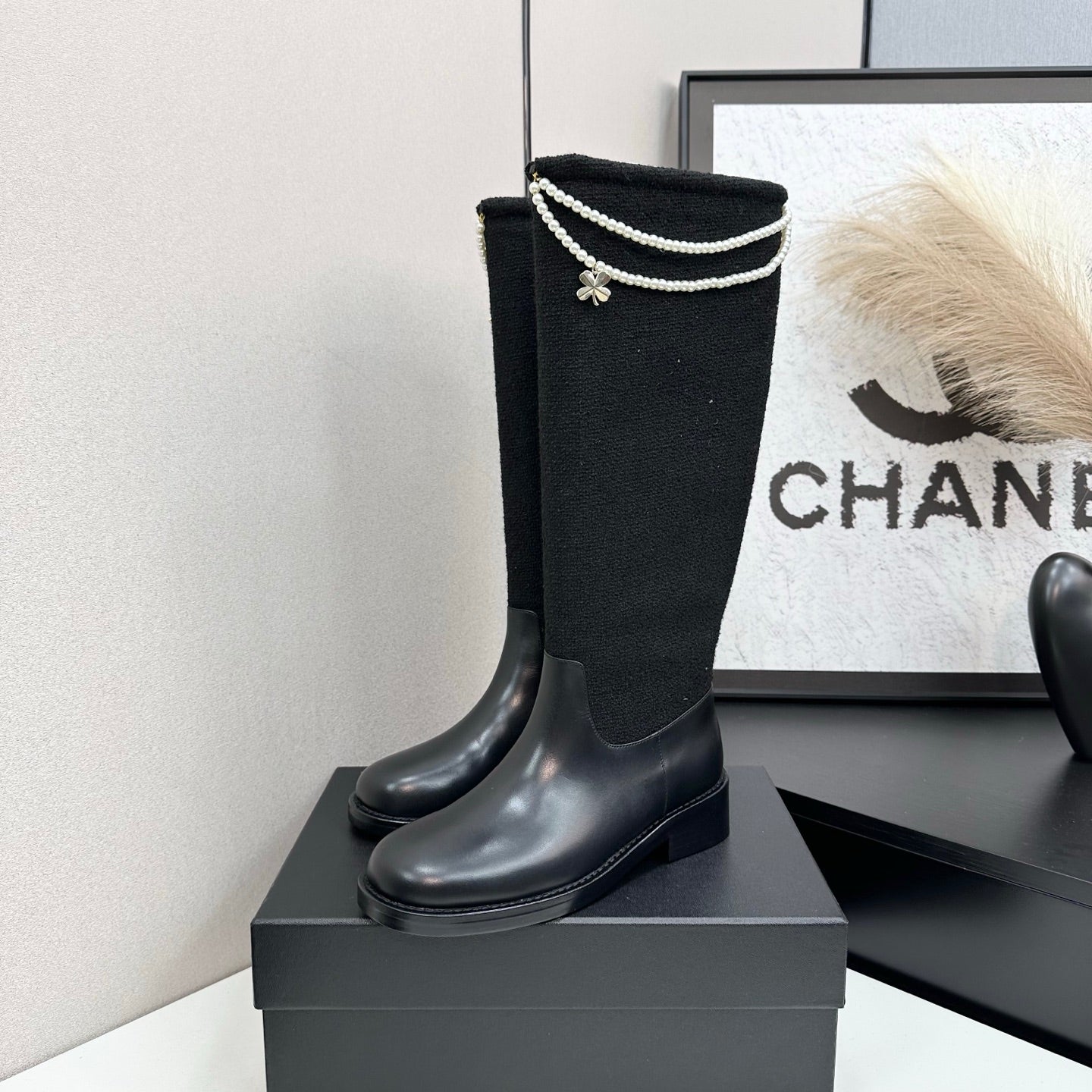 C 25 Pearl necklace decoration thick soled boots（GRAY/BLACK）