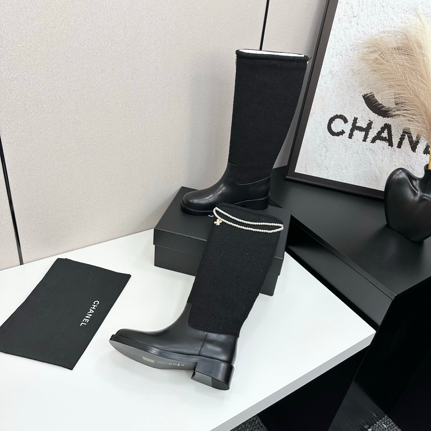 C 25 Pearl necklace decoration thick soled boots（GRAY/BLACK）