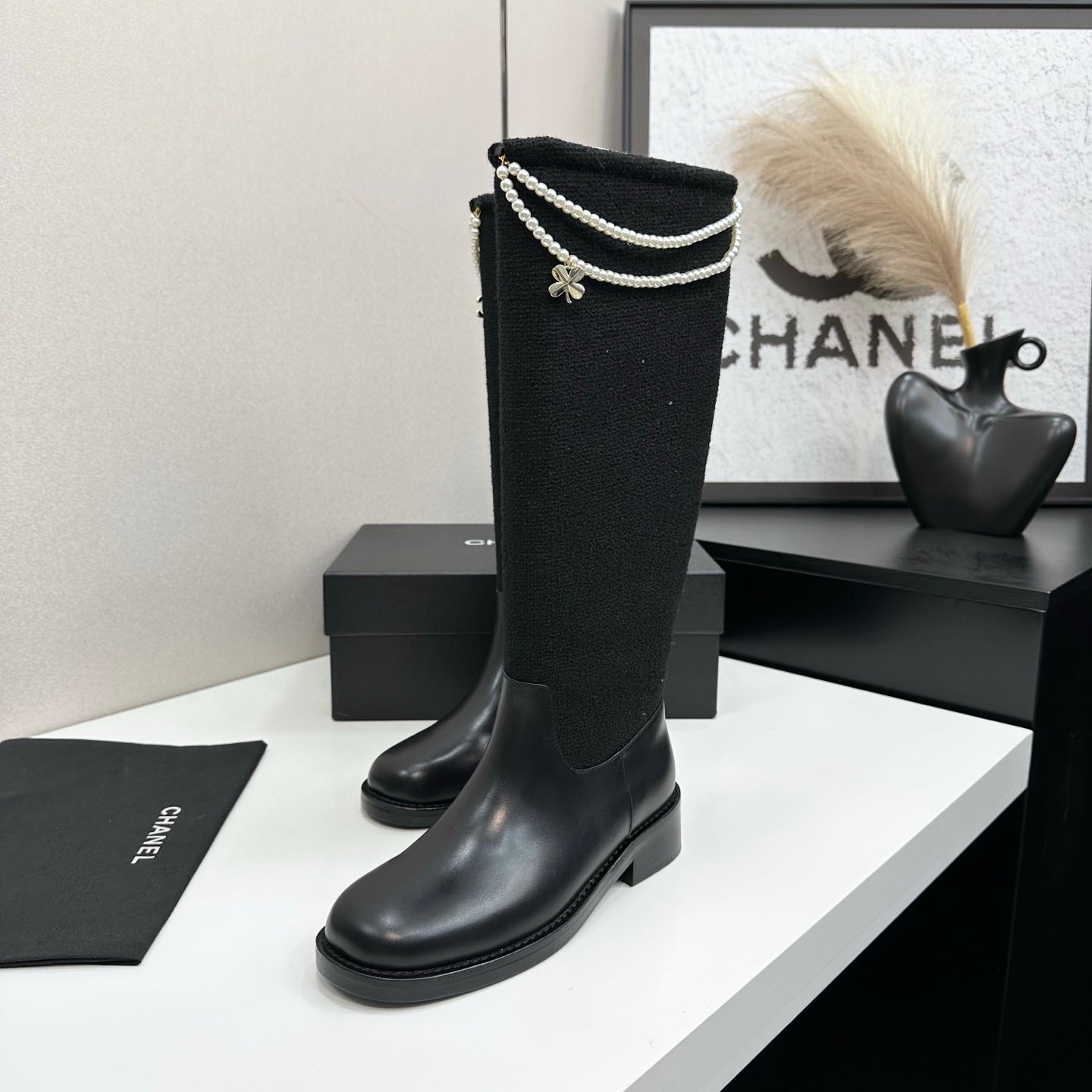 C 25 Pearl necklace decoration thick soled boots（GRAY/BLACK）
