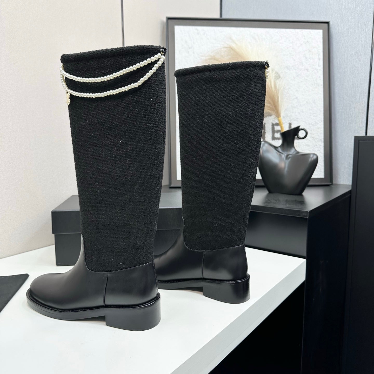 C 25 Pearl necklace decoration thick soled boots（GRAY/BLACK）
