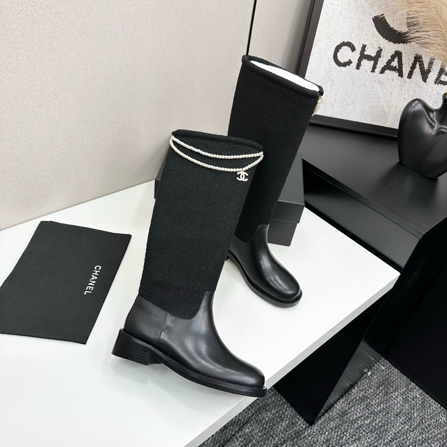 C 25 Pearl necklace decoration thick soled boots（GRAY/BLACK）