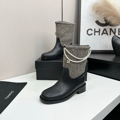 C 25 Pearl necklace decoration, thick soled short boots（GRAY/BLACK）