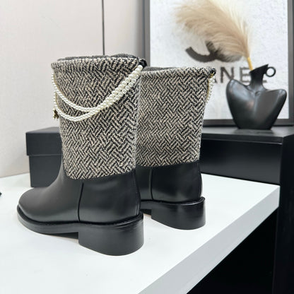 C 25 Pearl necklace decoration, thick soled short boots（GRAY/BLACK）
