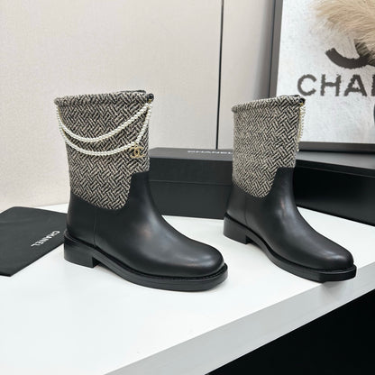 C 25 Pearl necklace decoration, thick soled short boots（GRAY/BLACK）