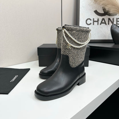 C 25 Pearl necklace decoration, thick soled short boots（GRAY/BLACK）