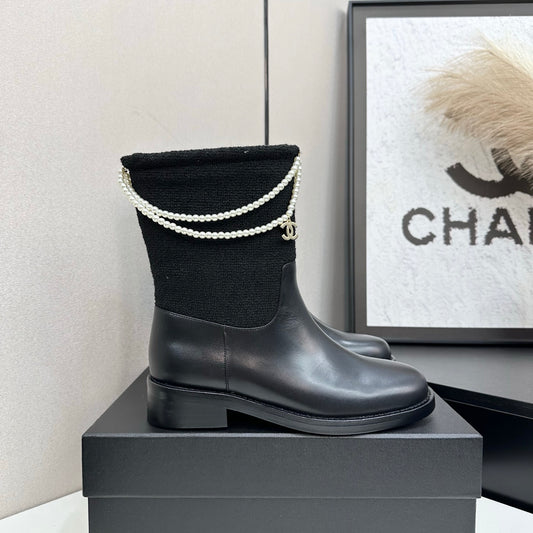 C 25 Pearl necklace decoration, thick soled short boots（GRAY/BLACK）