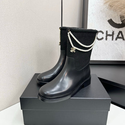 C 25 Pearl necklace decoration, thick soled short boots（GRAY/BLACK）