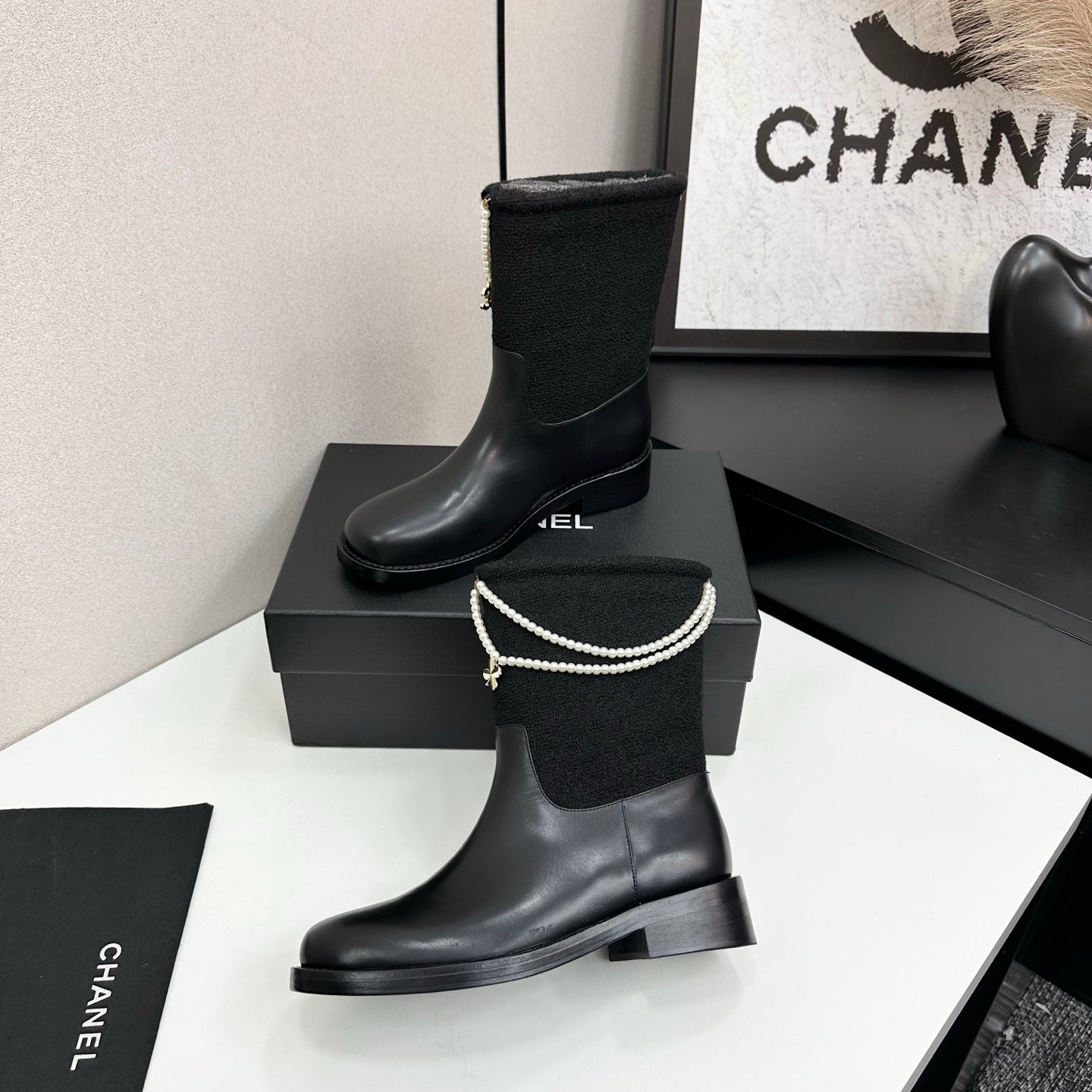 C 25 Pearl necklace decoration, thick soled short boots（GRAY/BLACK）