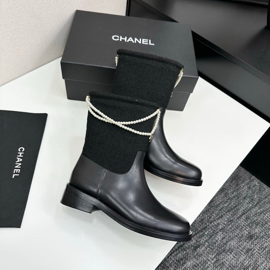 C 25 Pearl necklace decoration, thick soled short boots（GRAY/BLACK）
