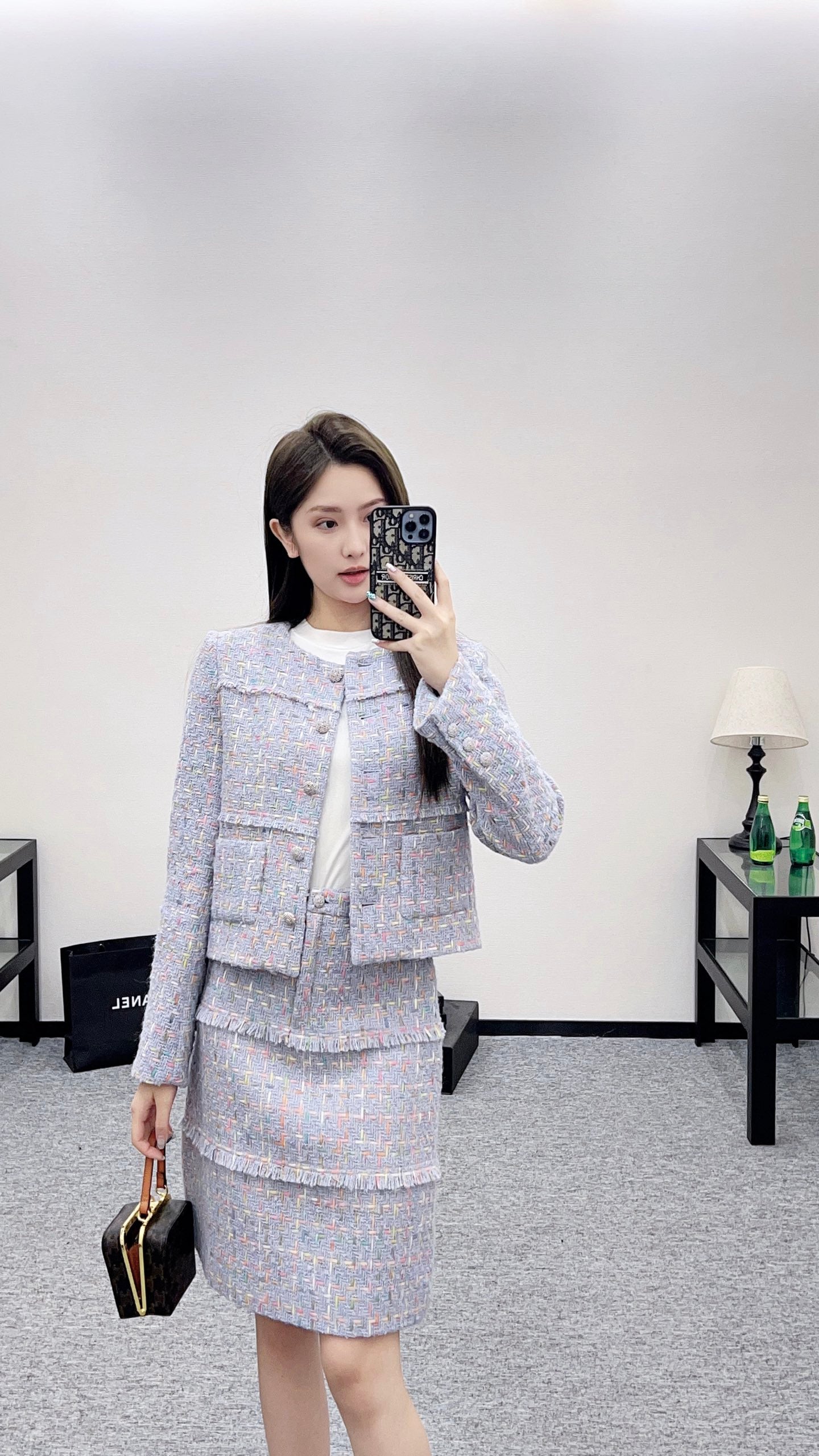Di 25 Round neck woven wool short jacket+half skirt set
