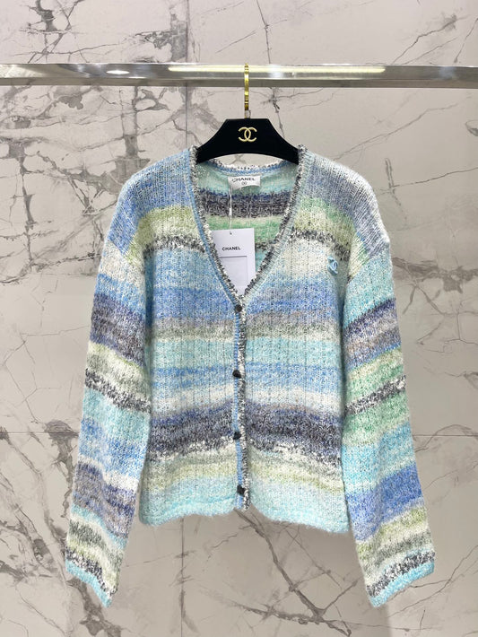 C 25 Gradient stripe patchwork mohair knitted cardigan