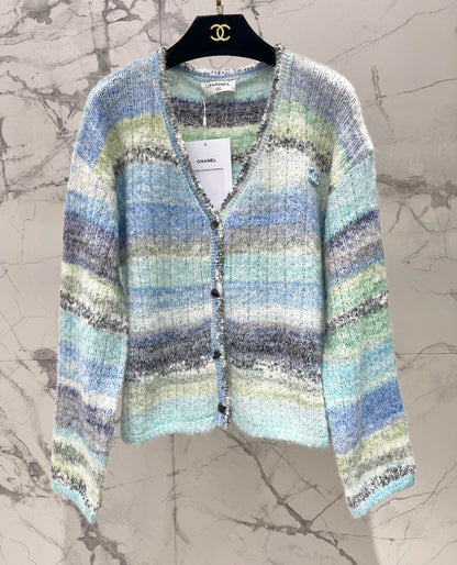 C 25 Gradient stripe patchwork mohair knitted cardigan